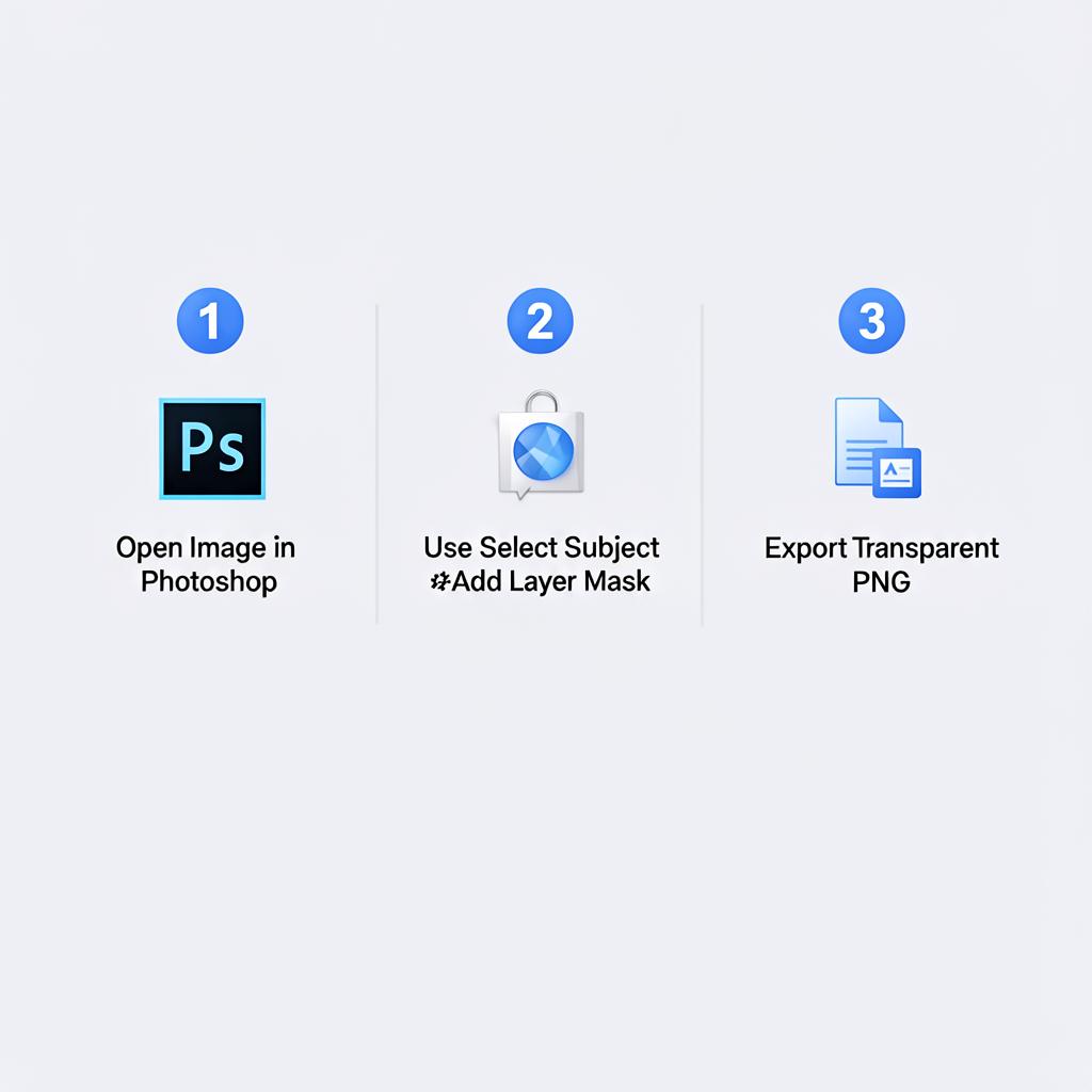 Three-step infographic: open image in Photoshop, use Select Subject and add a layer mask, export a transparent PNG