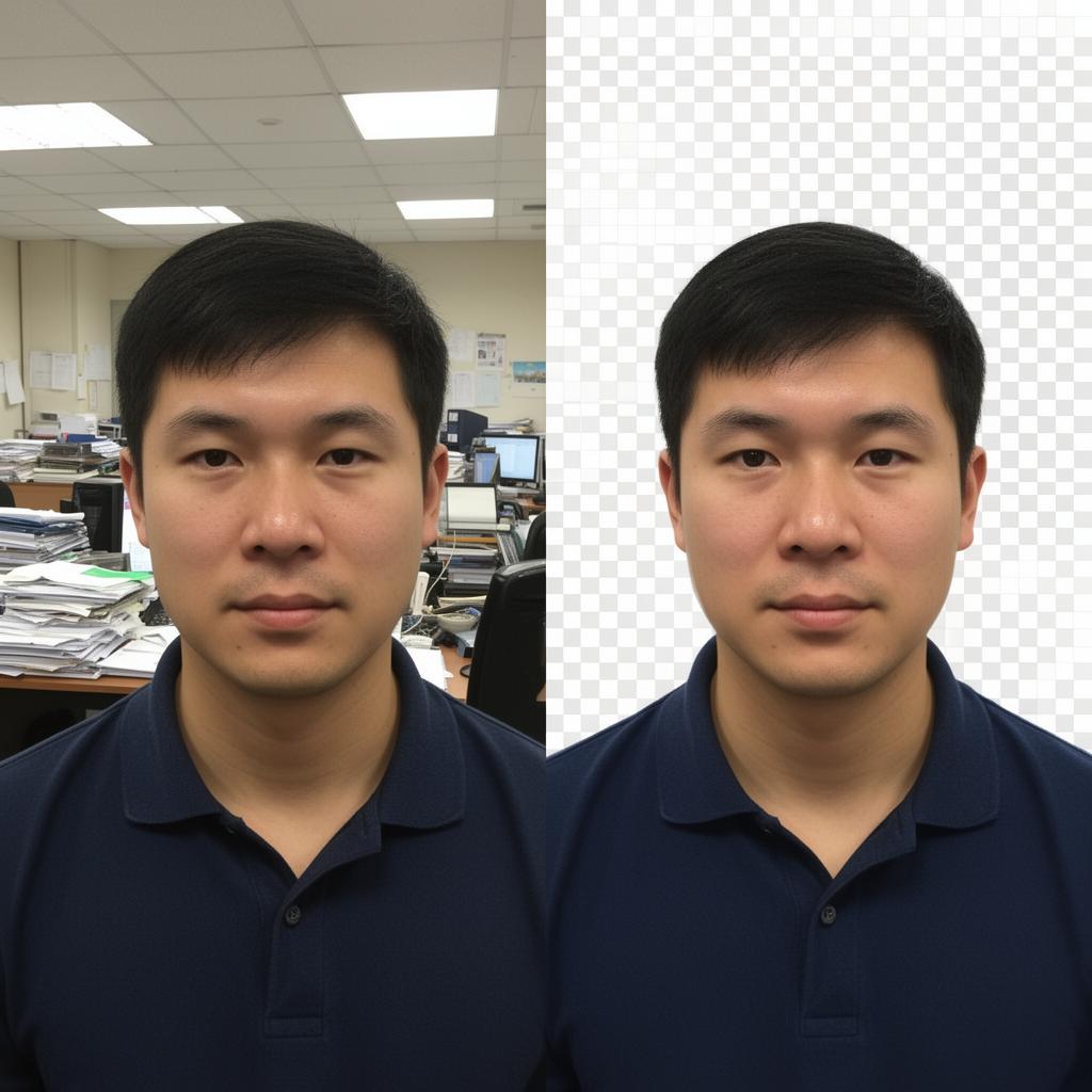 Before and after comparison of a portrait with a cluttered office background versus a transparent checkerboard background