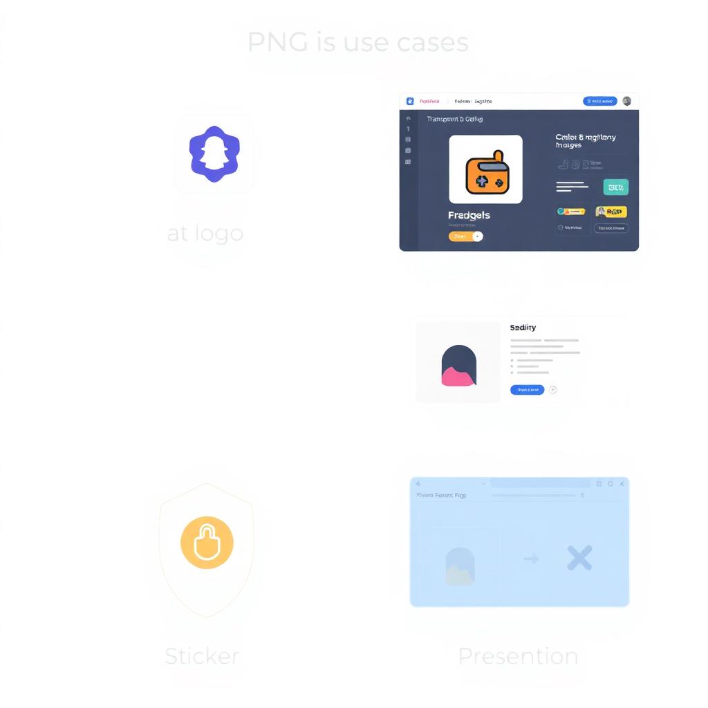 Grid of transparent PNG use cases: a website logo, a marketplace listing, a sticker, and a presentation slide