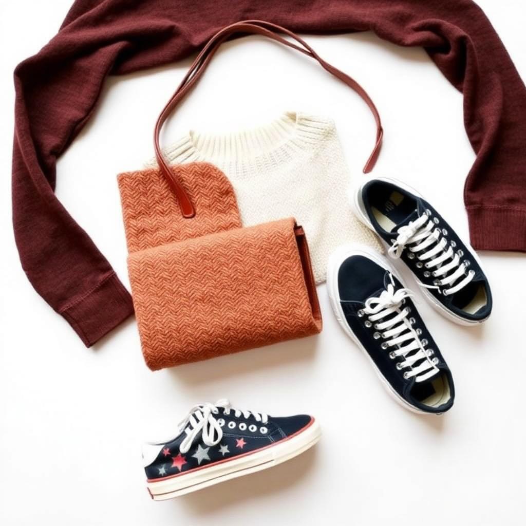 A folded sweater, leather handbag, and sneakers styled on a pure white seamless background for a Poshmark cover photo