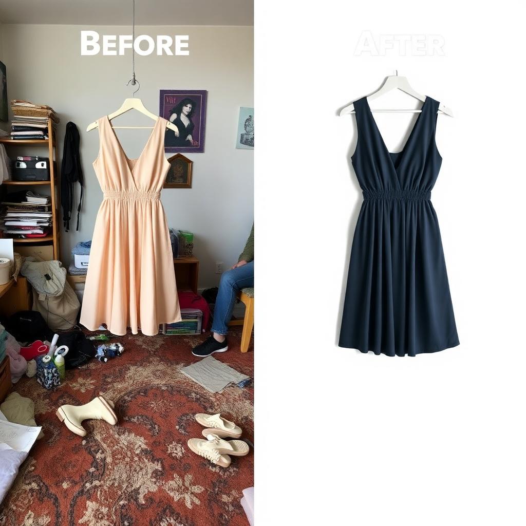 Before and after: a dress on a cluttered bedroom floor versus the same dress cleanly cut out on a white background