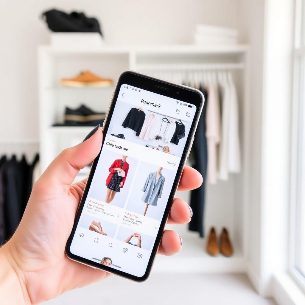 A smartphone showing a Poshmark closet gallery filled with several clean white-background fashion photos