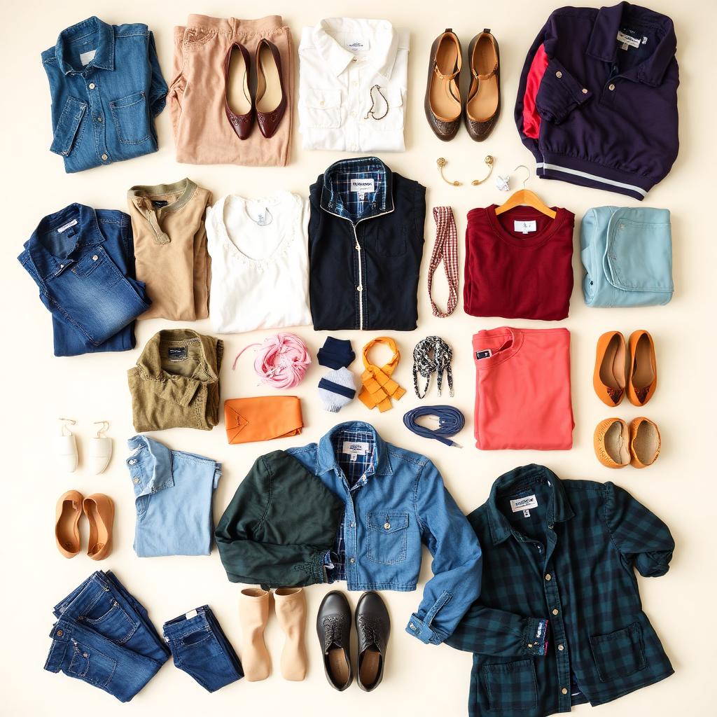 Overhead flat lay of a batch of folded second-hand clothing, shoes, and accessories arranged for resale photography