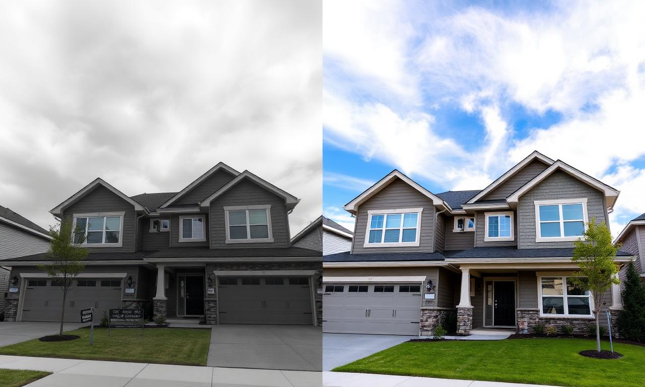 Before and after of a suburban house with AI sky replacement on the real estate photo