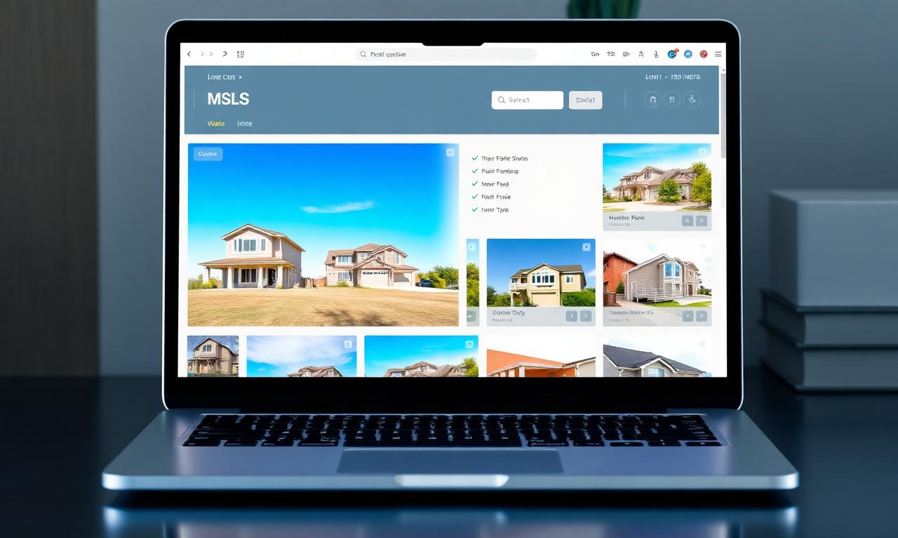Laptop showing an MLS listing page with multiple real estate property thumbnails