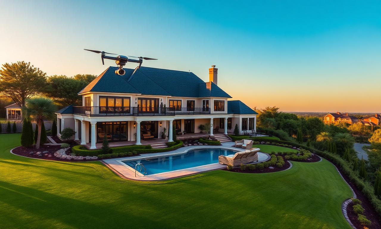 Aerial drone real estate photo of a luxury home with pool after AI background and sky editing