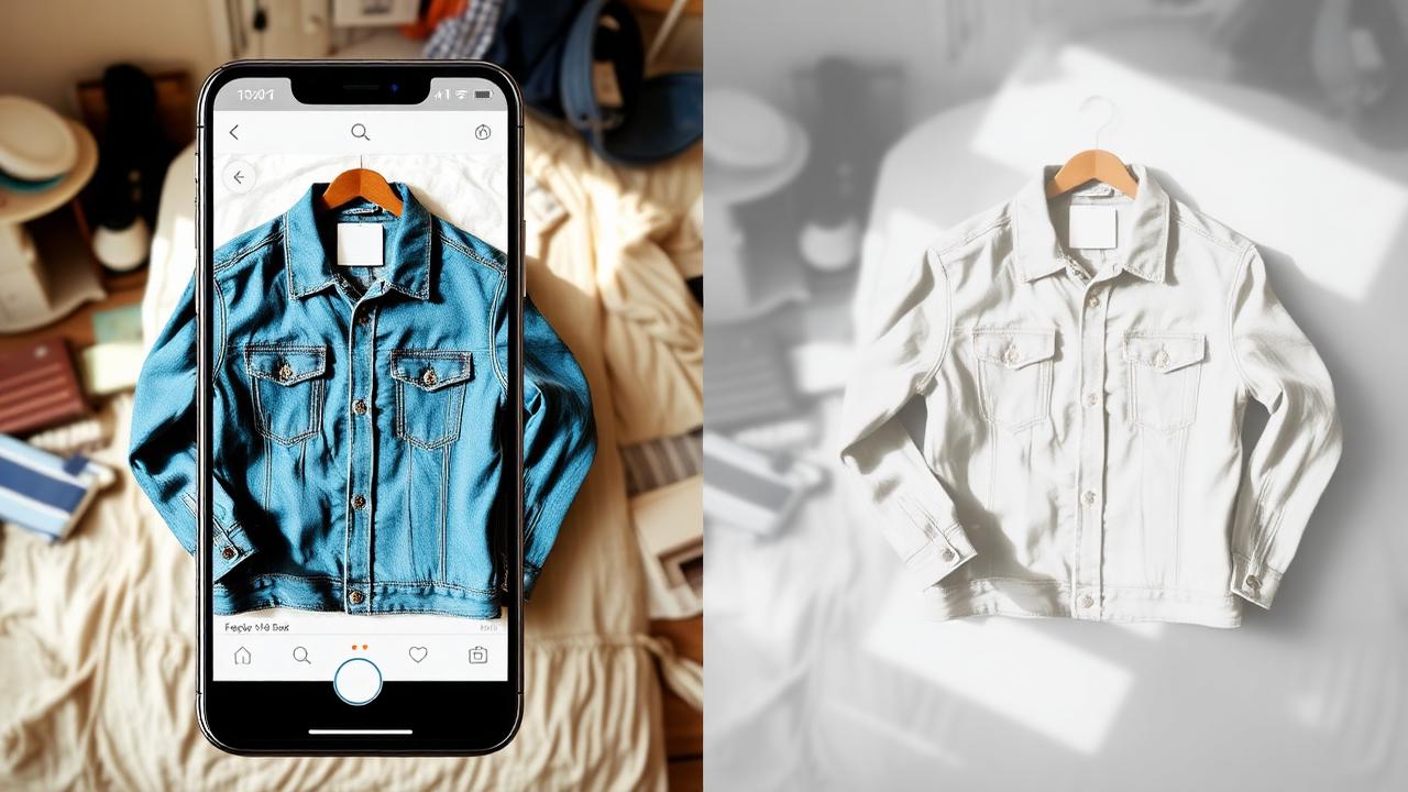 Denim jacket resale photo before and after removing the messy bedroom background