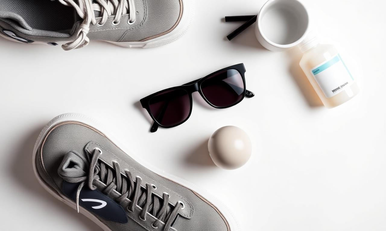 Flat lay of trendy Shopify products photographed on a pure white background for ecommerce listings