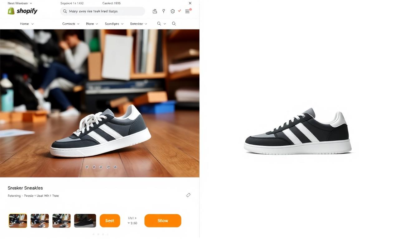 Side by side Shopify product page comparing cluttered wood-floor sneaker photo with clean isolated version