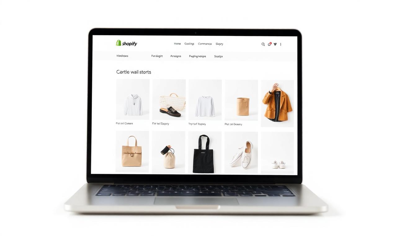 Shopify storefront on a laptop showing a grid of products with consistent white backgrounds