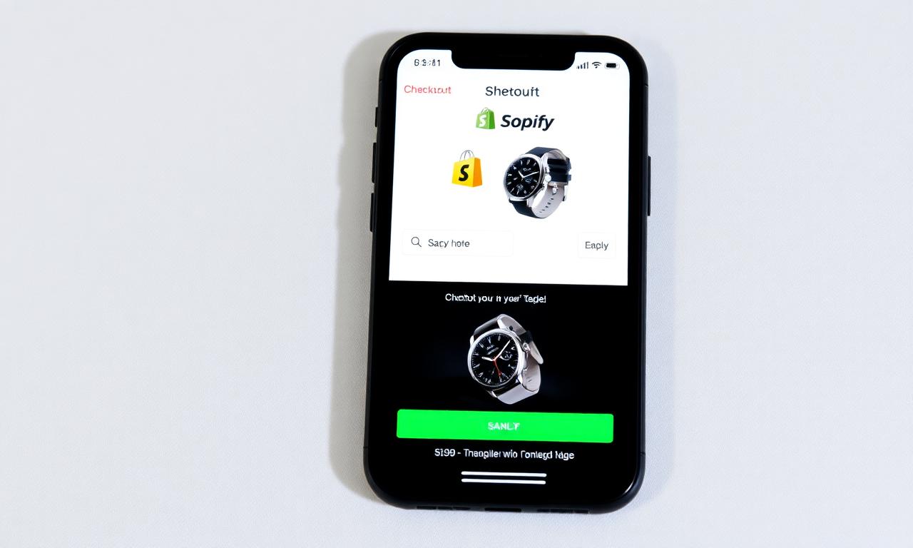 Smartphone showing a Shopify mobile checkout with a beautifully isolated product photo of a watch