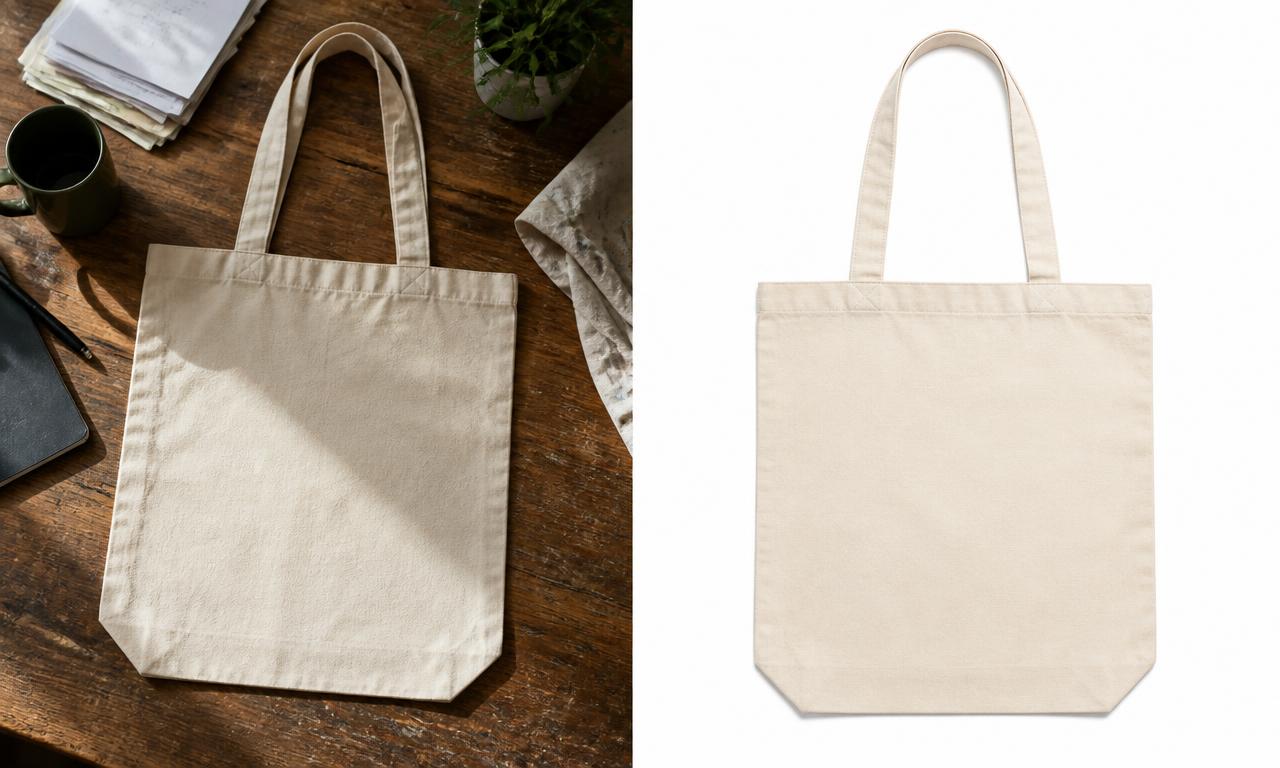 Canvas tote bag shown on a cluttered wooden desk next to the same bag isolated on a clean white background