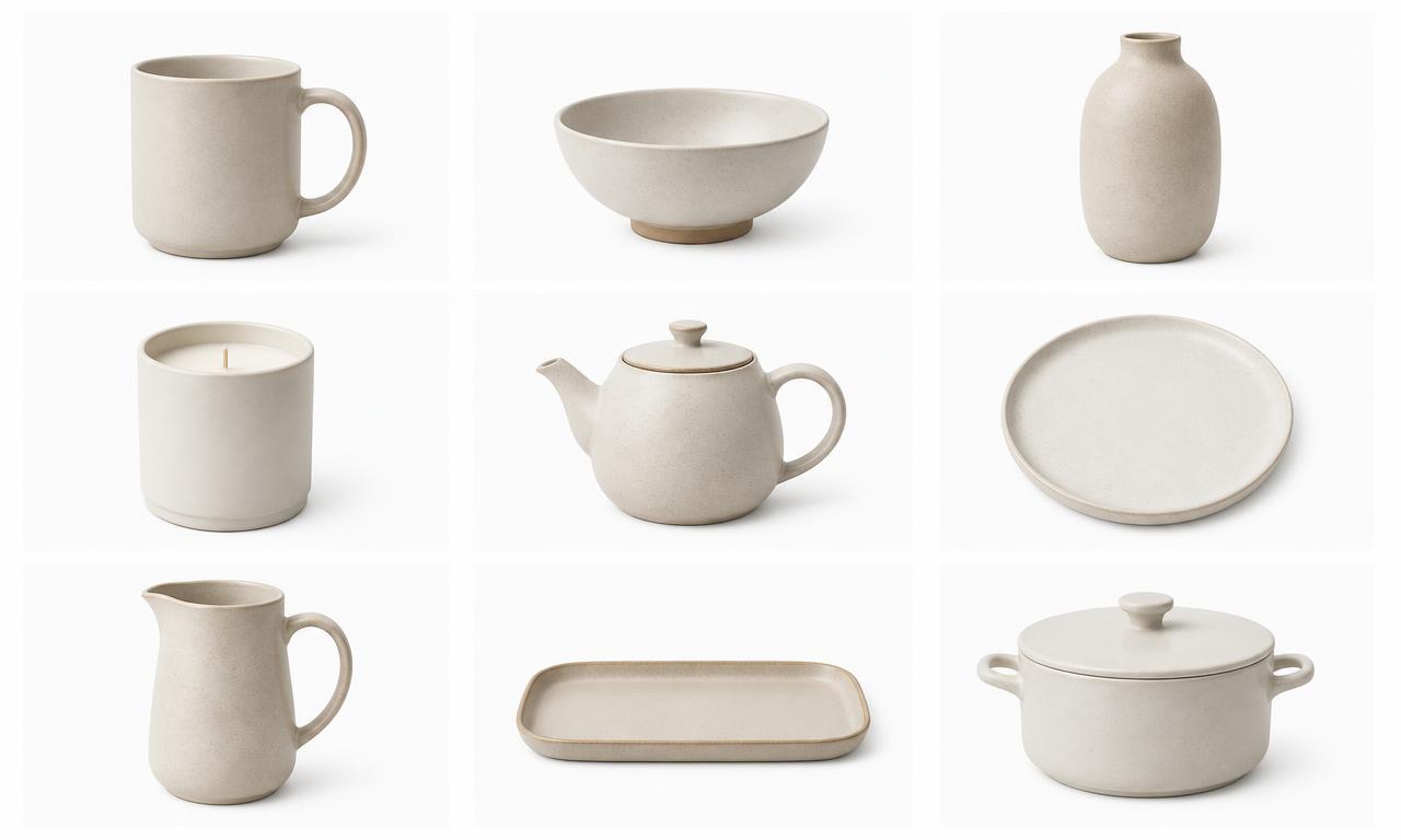 Grid of nine homeware product images with matching white backgrounds, framing and scale