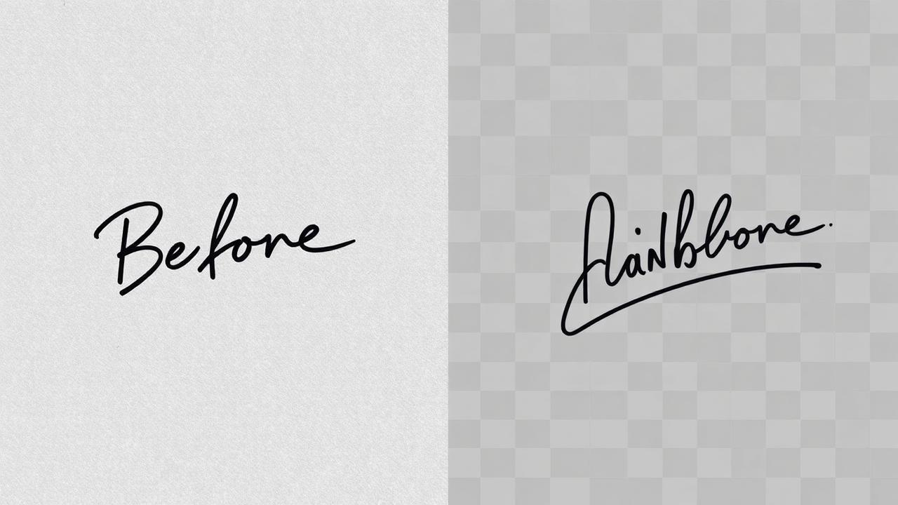 Before and after of a scanned signature on grey paper turned into a clean transparent signature PNG
