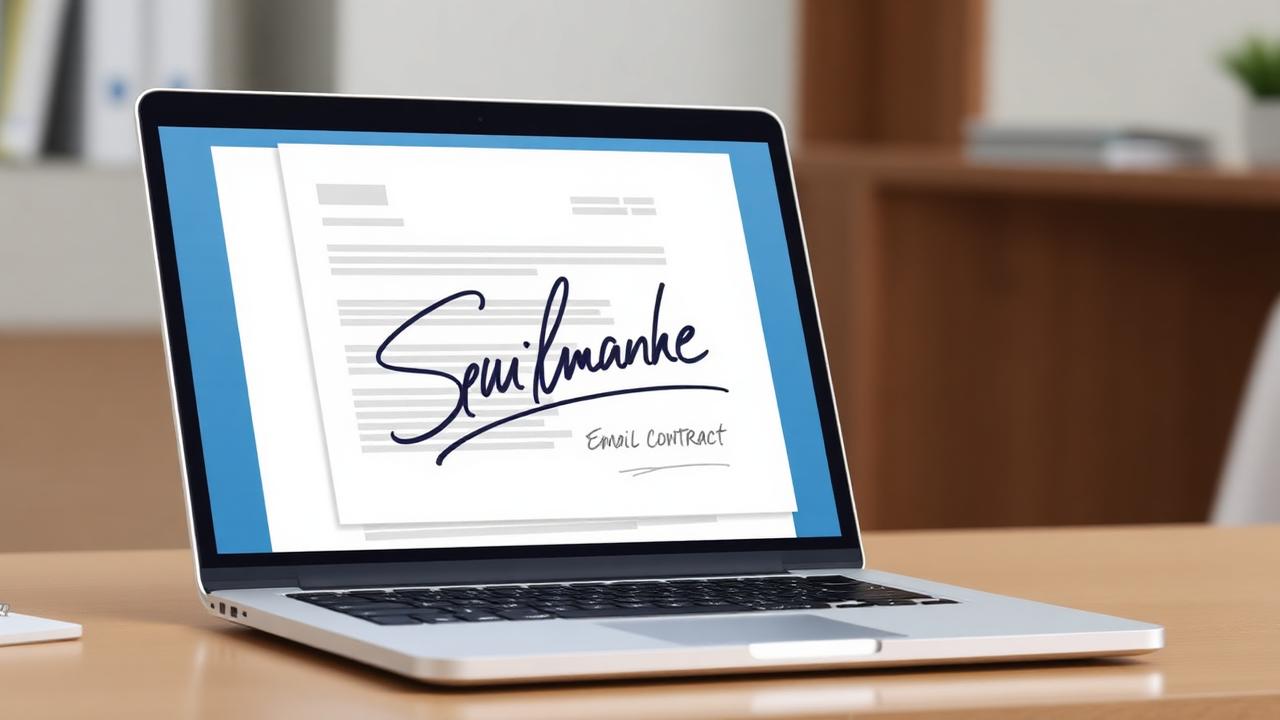 A transparent signature PNG placed onto a digital contract and email signature on a laptop