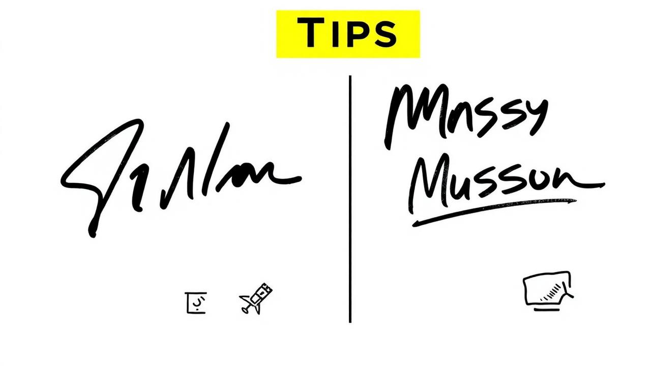Tips comparison showing a crisp clean signature versus a messy boxed signature
