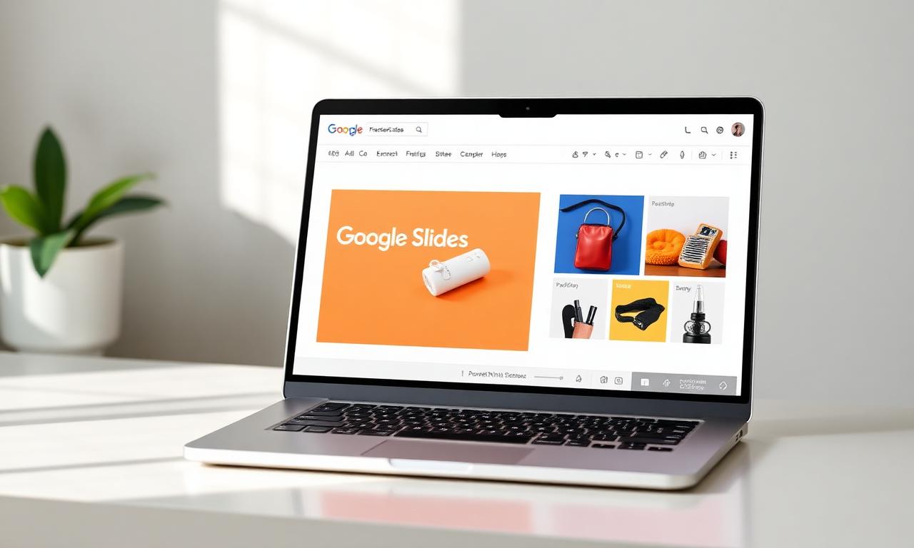 Modern laptop with Google Slides open showing transparent product cutouts inside a presentation