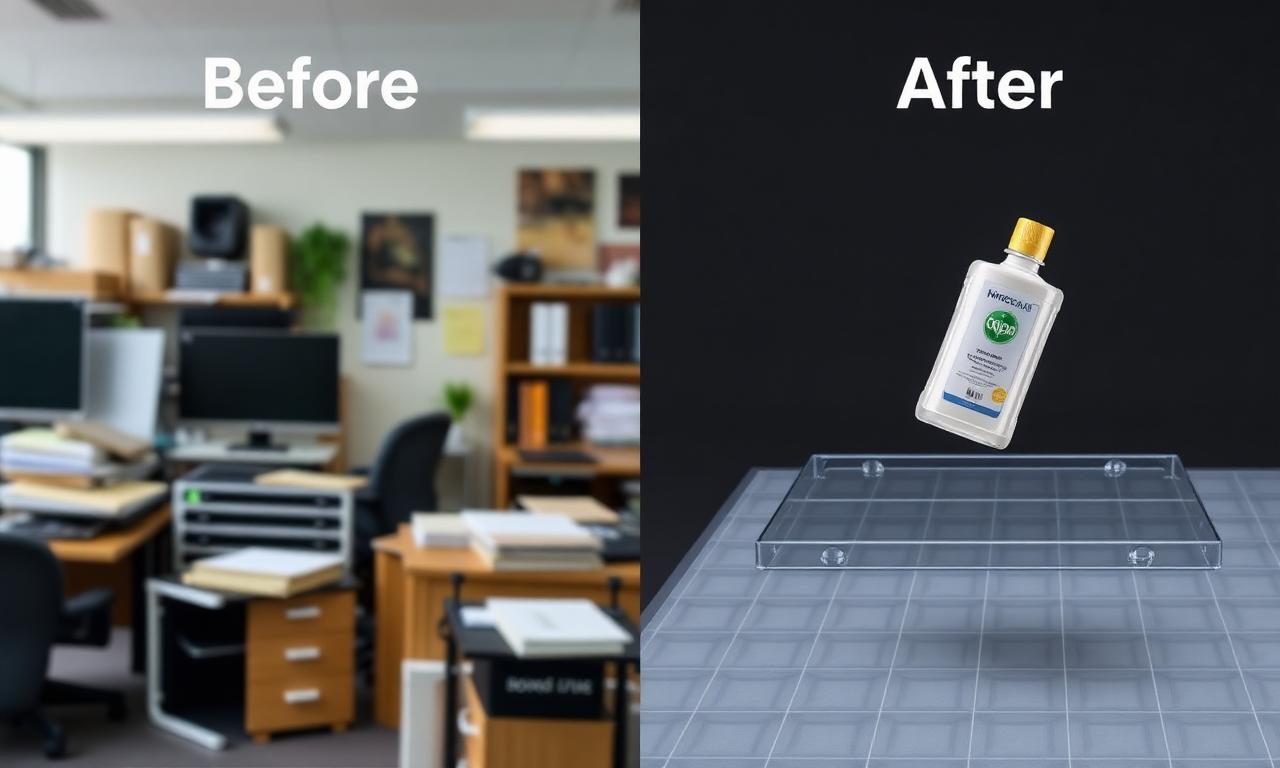 Before and after comparison showing a product photo with cluttered office background and the same product on a transparent checkerboard