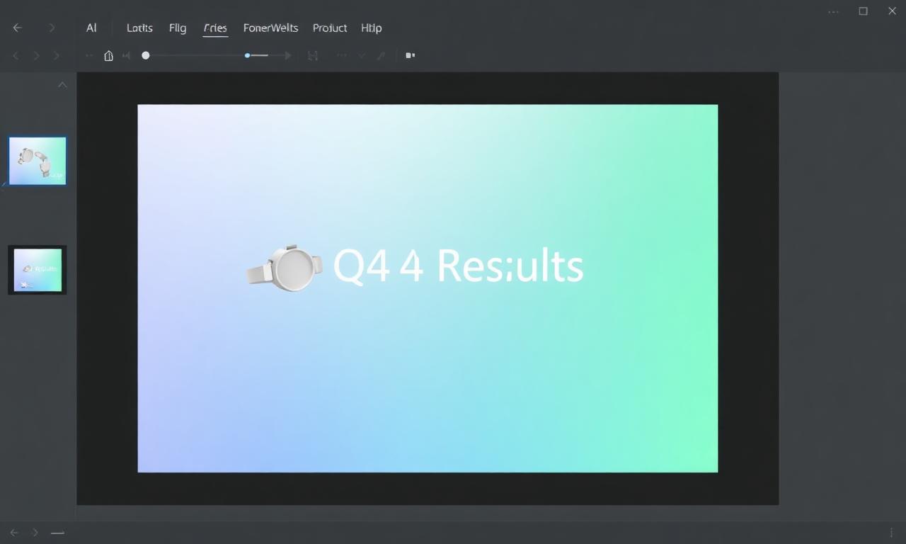 PowerPoint slide mockup with three transparent product PNGs arranged on a soft gradient titled Q4 Results
