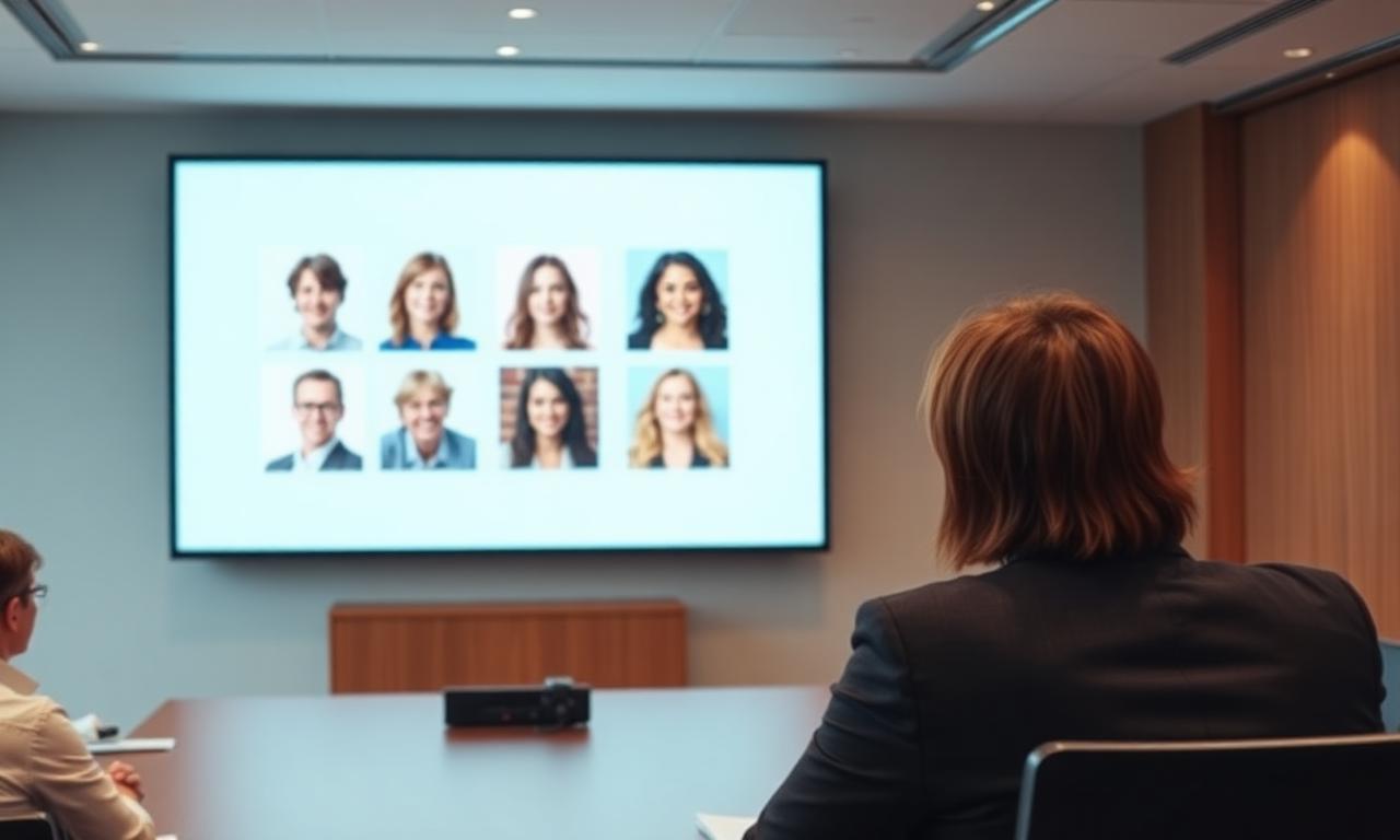 Modern meeting room with a large screen showing a team slide of headshots with transparent backgrounds