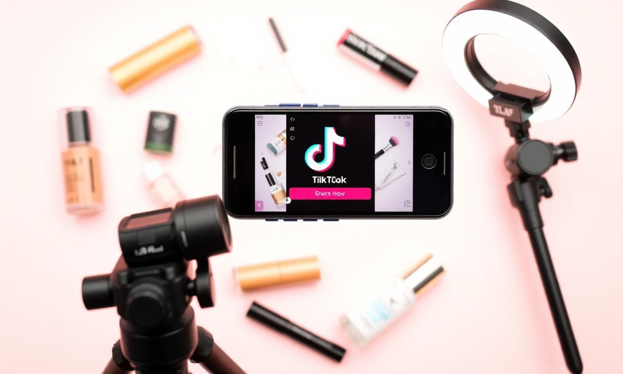 Phone on a tripod photographing cosmetic products for TikTok Shop with a ring light and pastel background