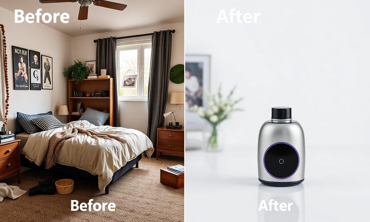 Before and after of a TikTok Shop product photo: cluttered bedroom versus clean white background