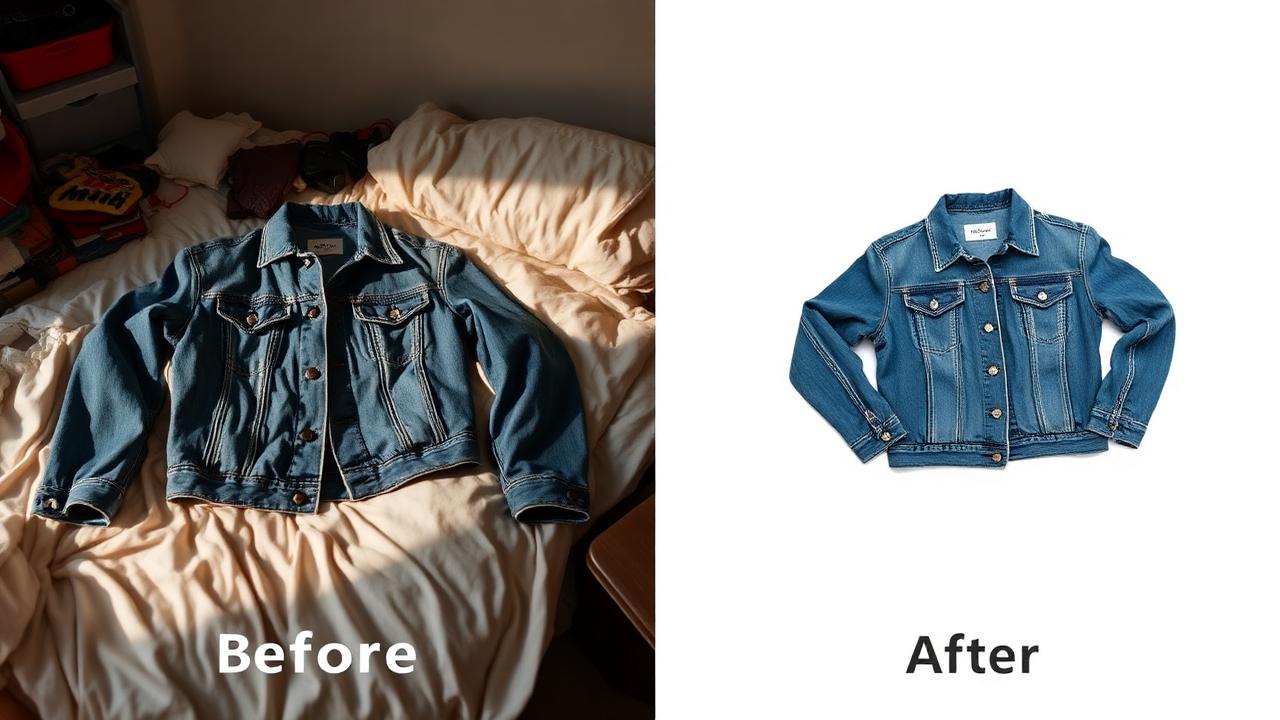 Second-hand denim jacket photographed on a messy bed versus the same jacket on a clean white background