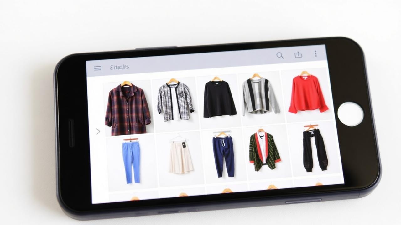 Phone showing a Vinted-style feed of second-hand clothes each on a clean consistent white background