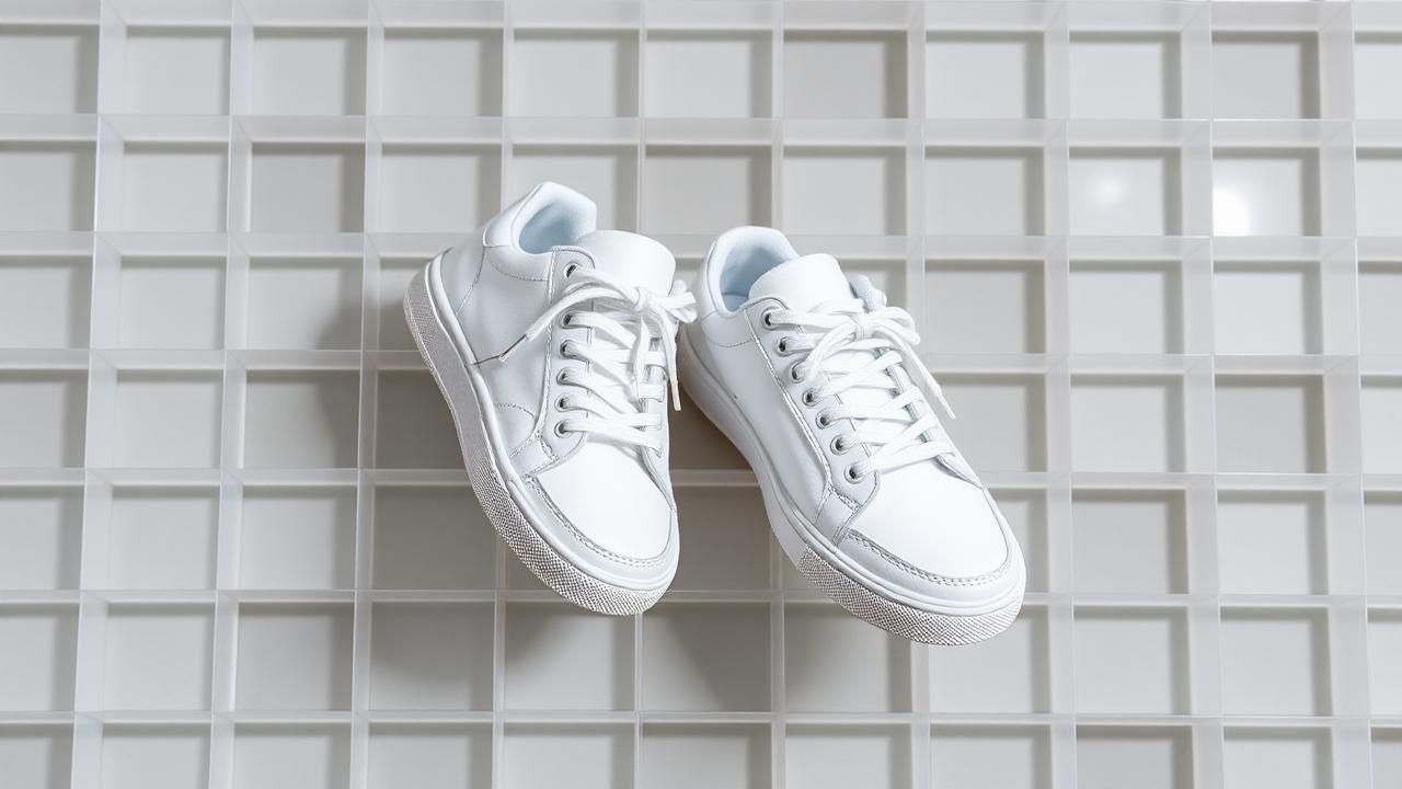 Pair of white sneakers cut out on a transparent checkerboard background ready for a Vinted listing