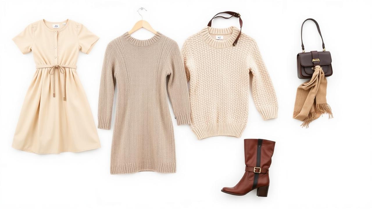 Grid of four second-hand fashion items — a dress, a knit sweater, a handbag, and a pair of boots — each on a clean white background