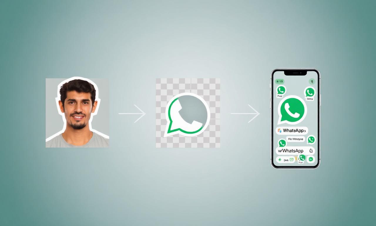 Three step diagram showing how to make WhatsApp stickers from photos: original, transparent cutout, sticker pack