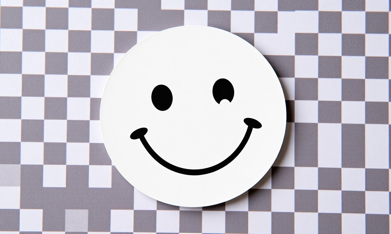 Close up of a smiley face sticker on a checkerboard transparent background ready for WhatsApp