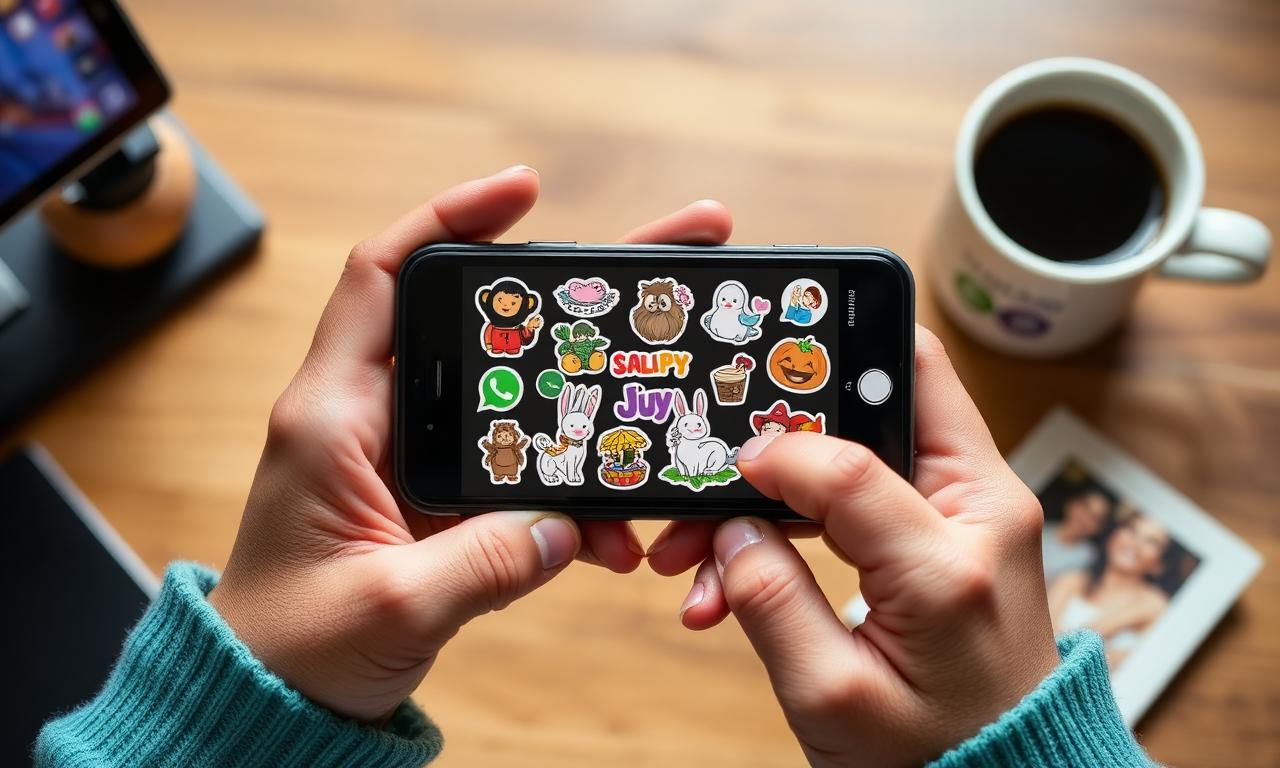 Hands holding iPhone with a custom WhatsApp sticker pack visible on screen, coffee and photos on a wood desk