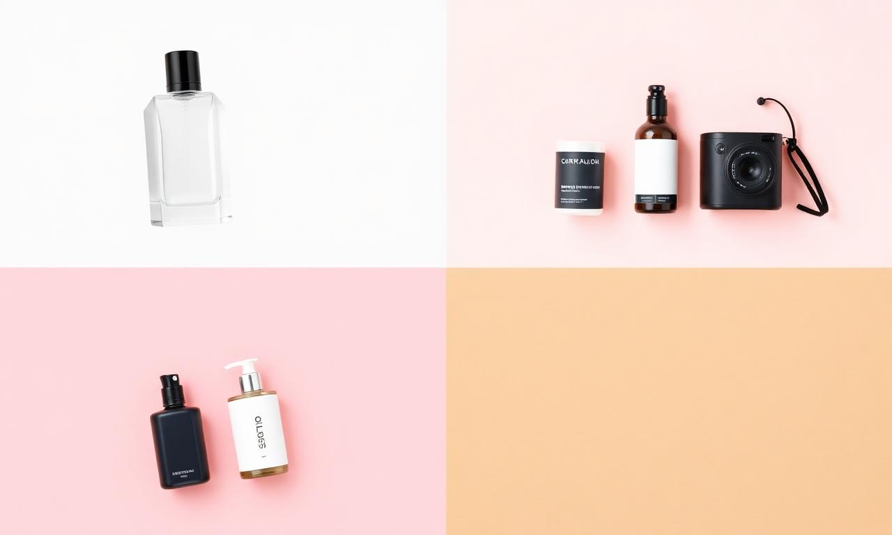 Grid of four product photos with white background removed and recomposed on transparent, pink, navy, and beige backgrounds