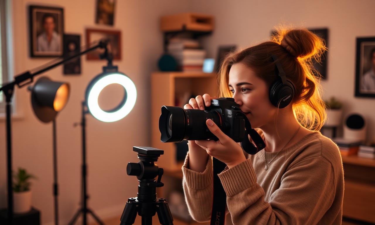 Content creator filming with ring light and DSLR to capture clean source footage for YouTube thumbnail background removal